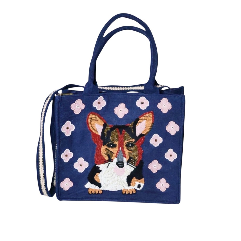 AMERICA & BEYOND Beaded Corgi Denim Tote Bag Boho Novelty Dog Lover